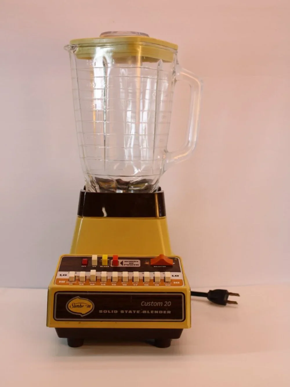 Vtg MCM Sunbeam 20 Speed Solid State Blender Harvest Gold Woodgrain Glass Works!